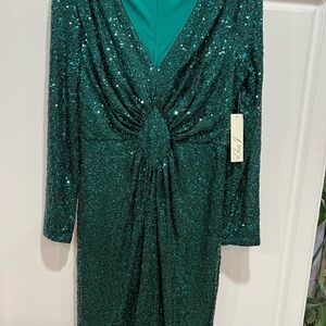 Eliza J Emerald Sequin Knot-Front Long Sleeve Dress